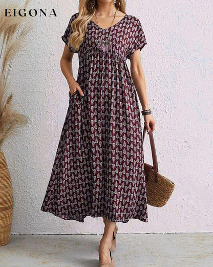 V neck short sleeve long dress Burgundy 23BF Casual Dresses Clothes Dresses Spring Summer Vacation Dresses