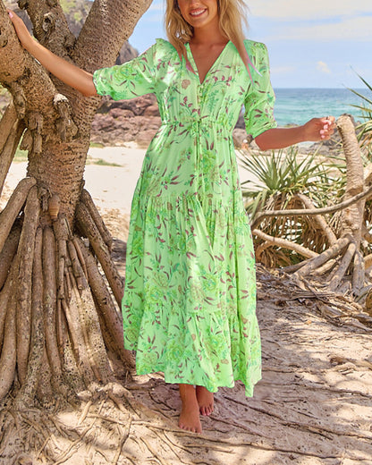 V-Neck Floral Short-Sleeved Dress