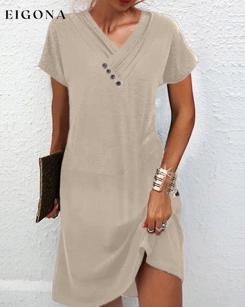 Elegant solid color V-neck short-sleeved dress Khaki 23BF Casual Dresses Clothes Dresses Spring Summer