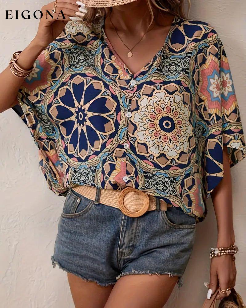 Retro printed V-neck button half sleeve blouse blouses & shirts spring summer