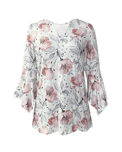 Flare Sleeve Printed Ruffle Blouse