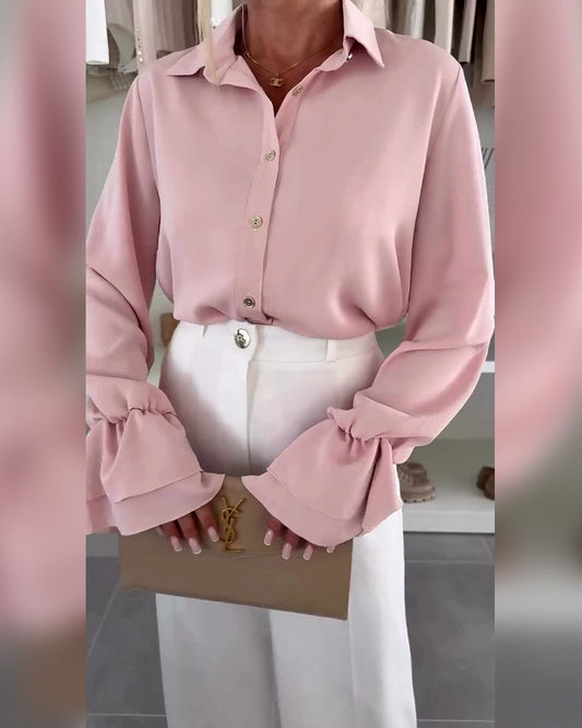 Lapel Button Bell Sleeve Solid Color Shirt