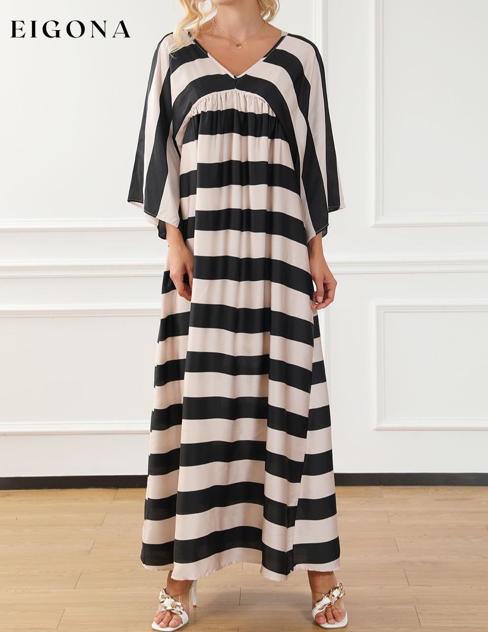 Black V Neck Kimono Sleeve Striped Maxi Dress All In Stock clothes Occasion Daily Print Color Block Season Spring Silhouette A-Line Style Casual