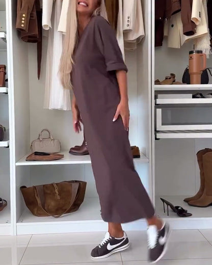 Solid Round Neck Slit Tunic Dress