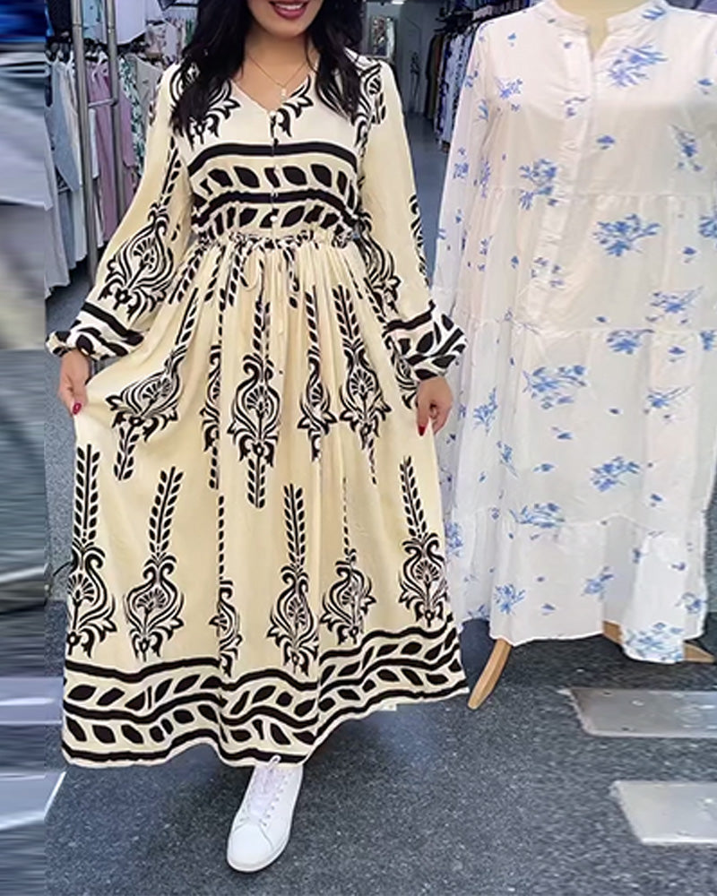 Lantern Sleeves V-Neck Waist Dress