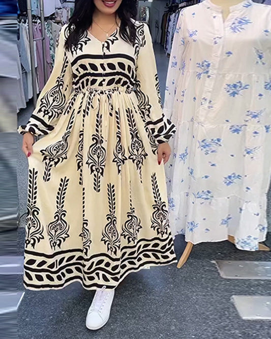 Lantern Sleeves V-Neck Waist Dress