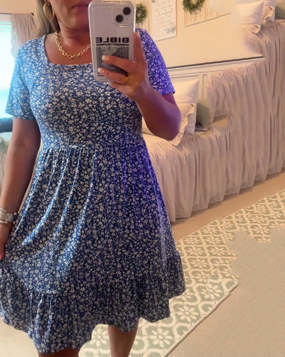 Square Neck Waist Floral Dress