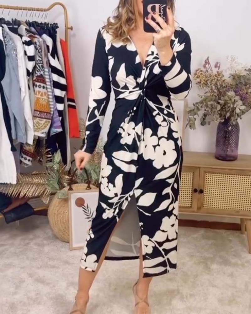 Fashion floral print V-neck twist long sleeve dress 202466 casual dresses spring summer