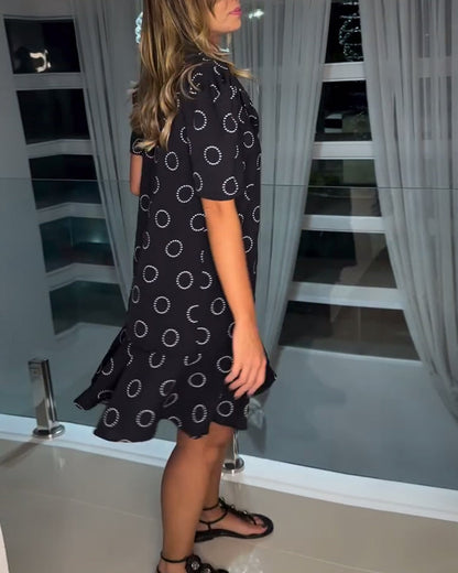 Lapel Button Circle Print Dress