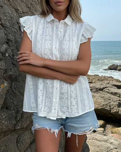 Lapel Embroidered Ruffle-Sleeve Blouse