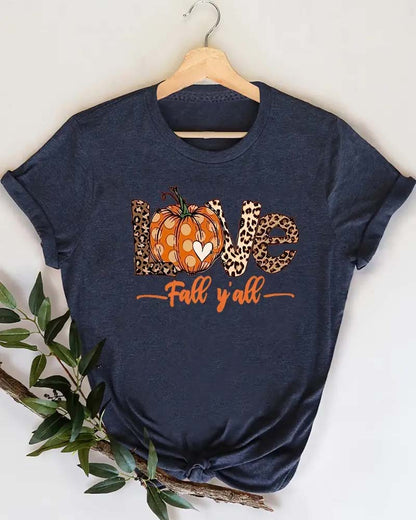 Pumpkin & Letter Print Crew Neck T-Shirt summer t-shirts thanksgiving