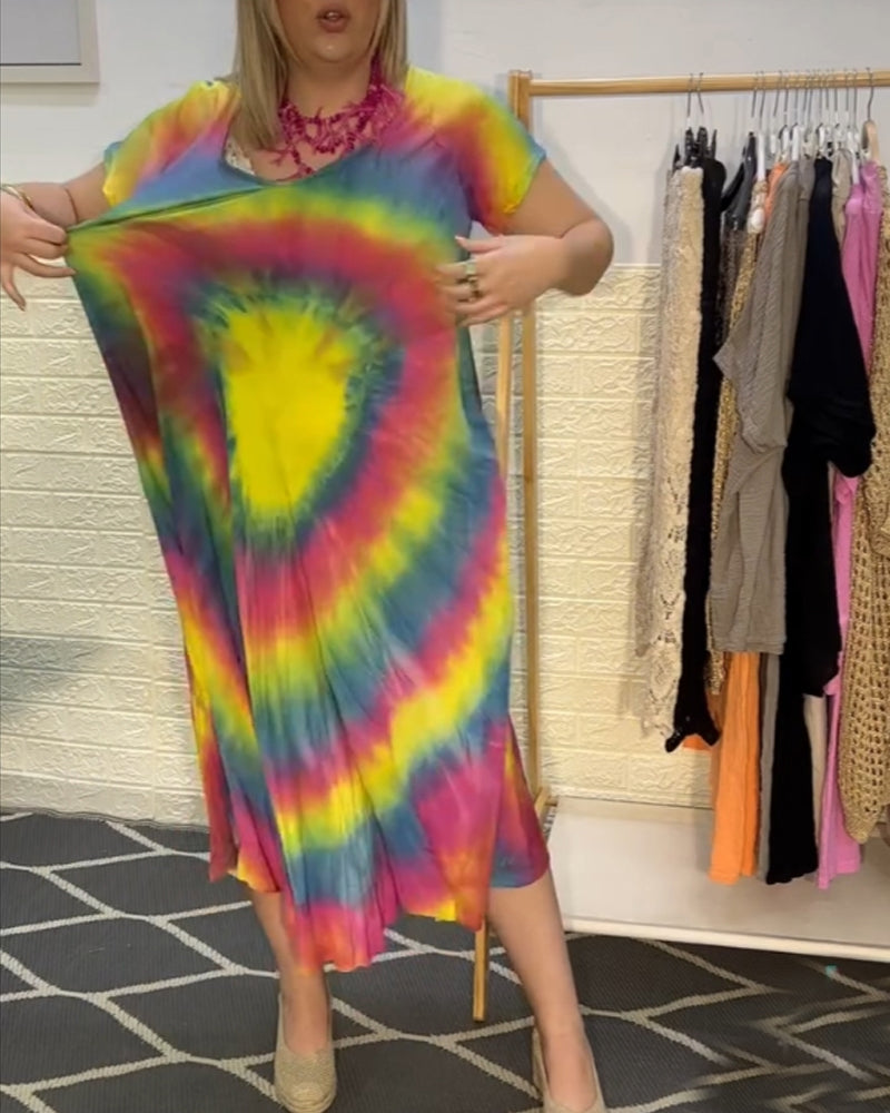 Colorful tie-dye V-neck short-sleeved dress casual dresses summer