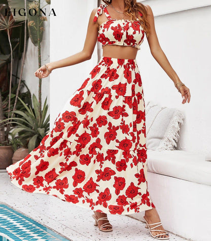 Floral Tie Shoulder Top and Tiered Maxi Skirt Set clothes crop top croptop Hanny sets Ship From Overseas Shipping Delay 09/29/2023 - 10/04/2023 skirts trend