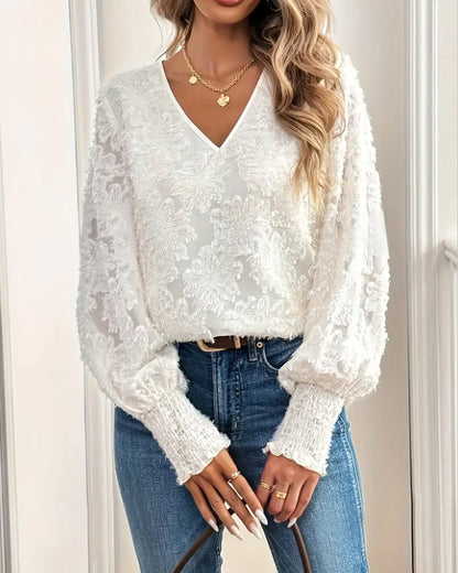 Lantern Sleeves Elegant V-Neck Blouse