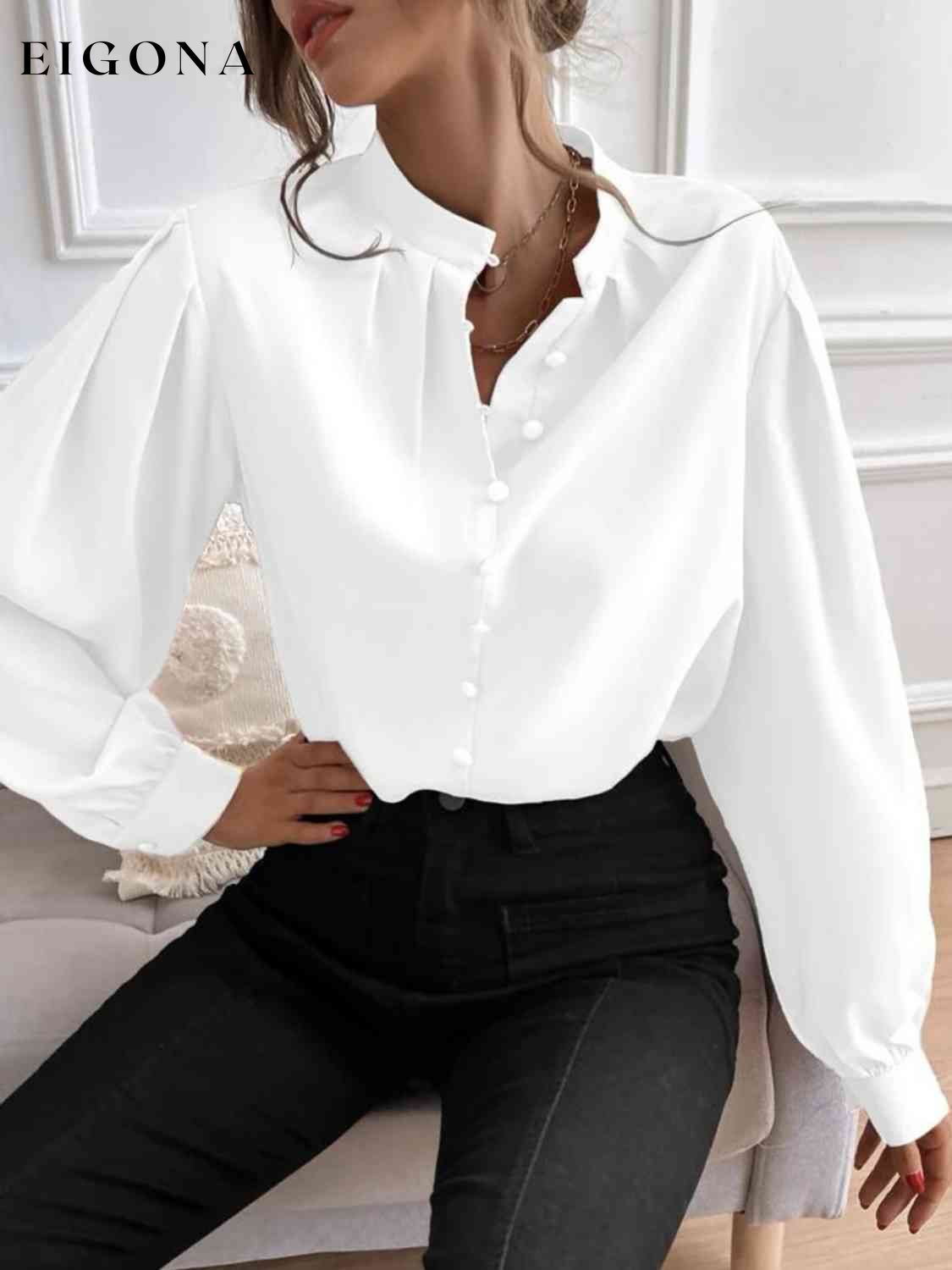 Mock Neck Button Front Long Sleeve Shirt White clothes G@S long sleeve shirt long sleeve shirts long sleeve top long sleeve tops Ship From Overseas shirt shirts tops Tops/Blouses