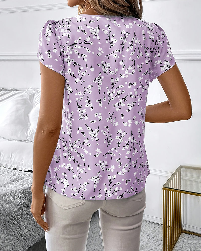 Floral Round Neck Short Sleeve Blouses