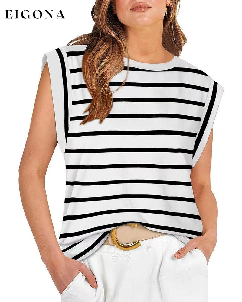 Casual striped print round neck sleeveless top blouses & shirts spring summer