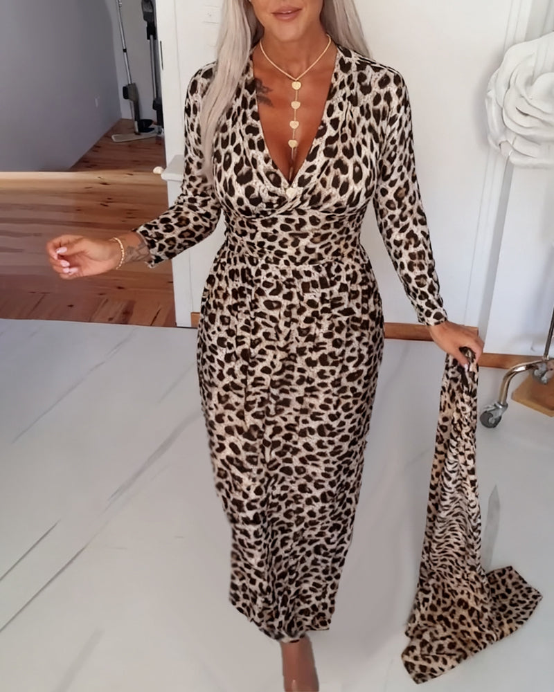 Deep V Leopard Print Waist Dress