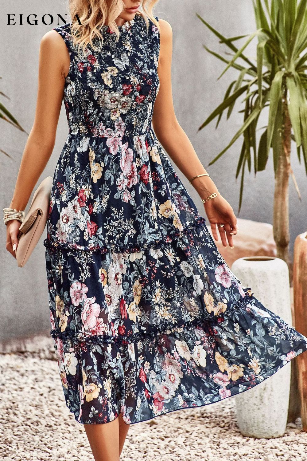 Frill Trim Smocked Sleeveless Floral Midi Dress casual dress casual dresses clothes dress dresses DY midi dress Ship From Overseas short sleeve dress short sleeve dresses