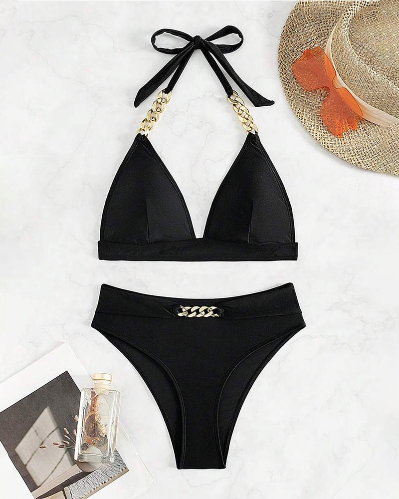 Einfarbiger BH-Bikini mit V-Ausschnitt und Metallschnalle