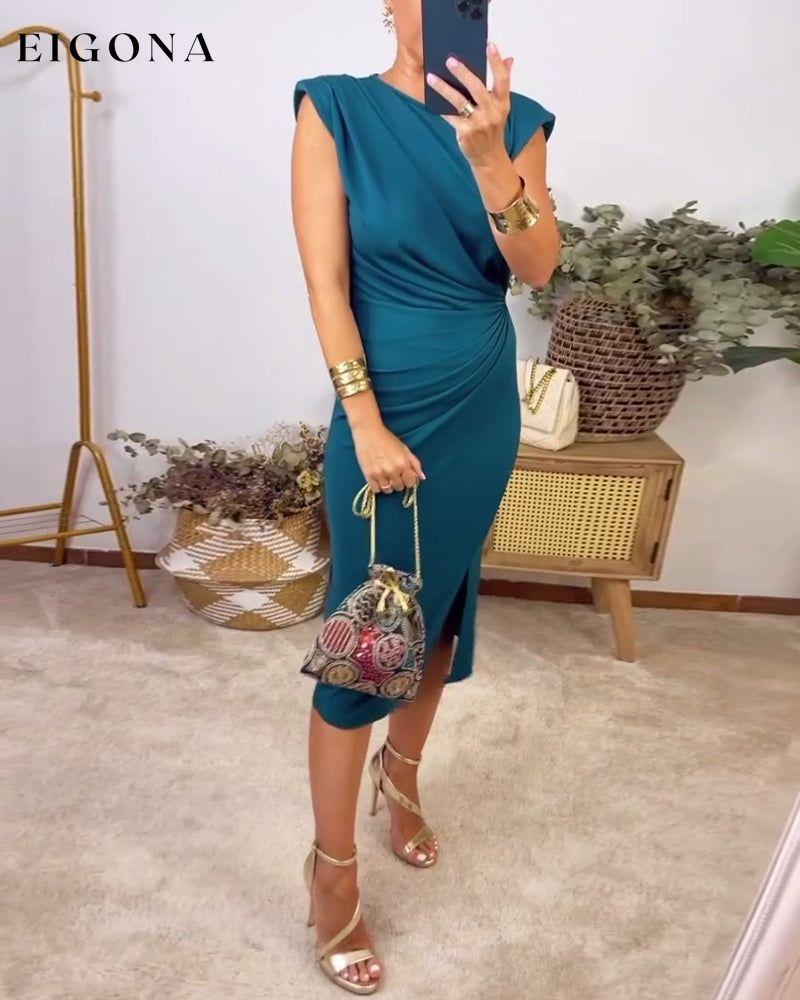 Sleeveless pleated slit solid color dress casual dresses summer