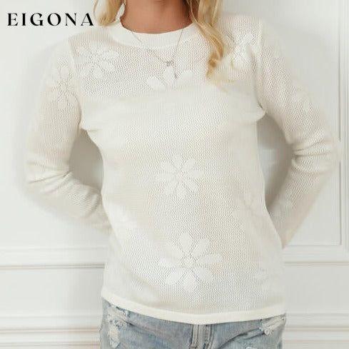 Floral Eyelet Round Neck Long Sleeve Knit Top White clothes Ship From Overseas SYNZ