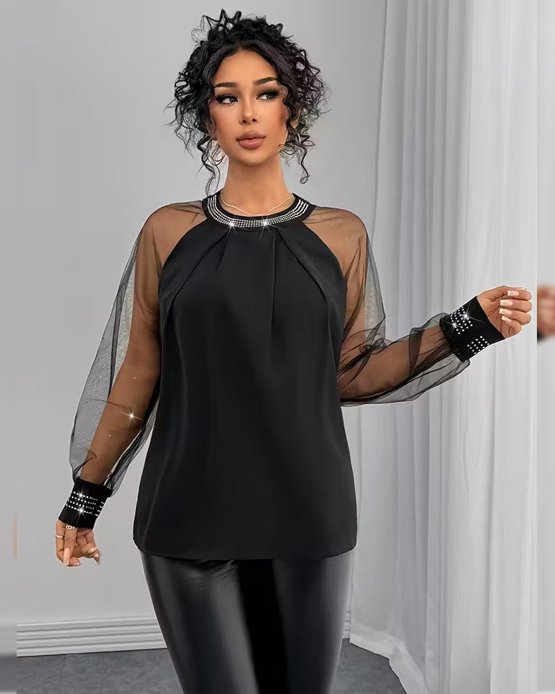 Hot Rhinestone Mesh Long-Sleeved Fashionable Blouse