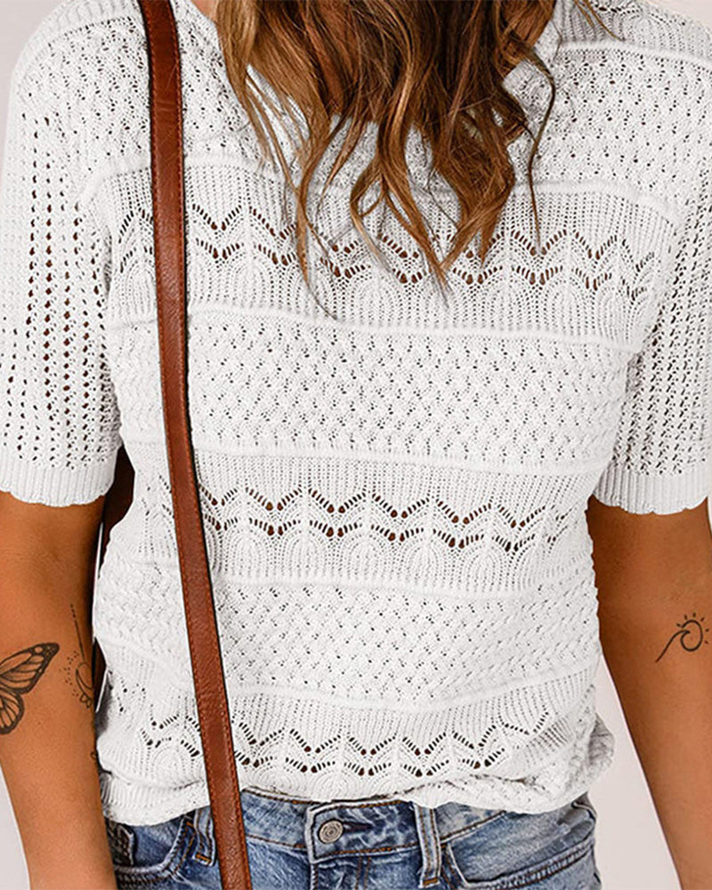 Women's Round Neck Hollow Knit Crochet Short Sleeve Sweater