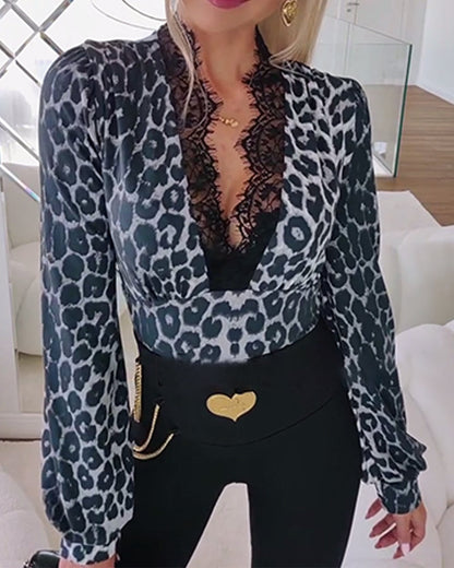 Sexy Lace And Leopard Print Top 2024 f/w tops