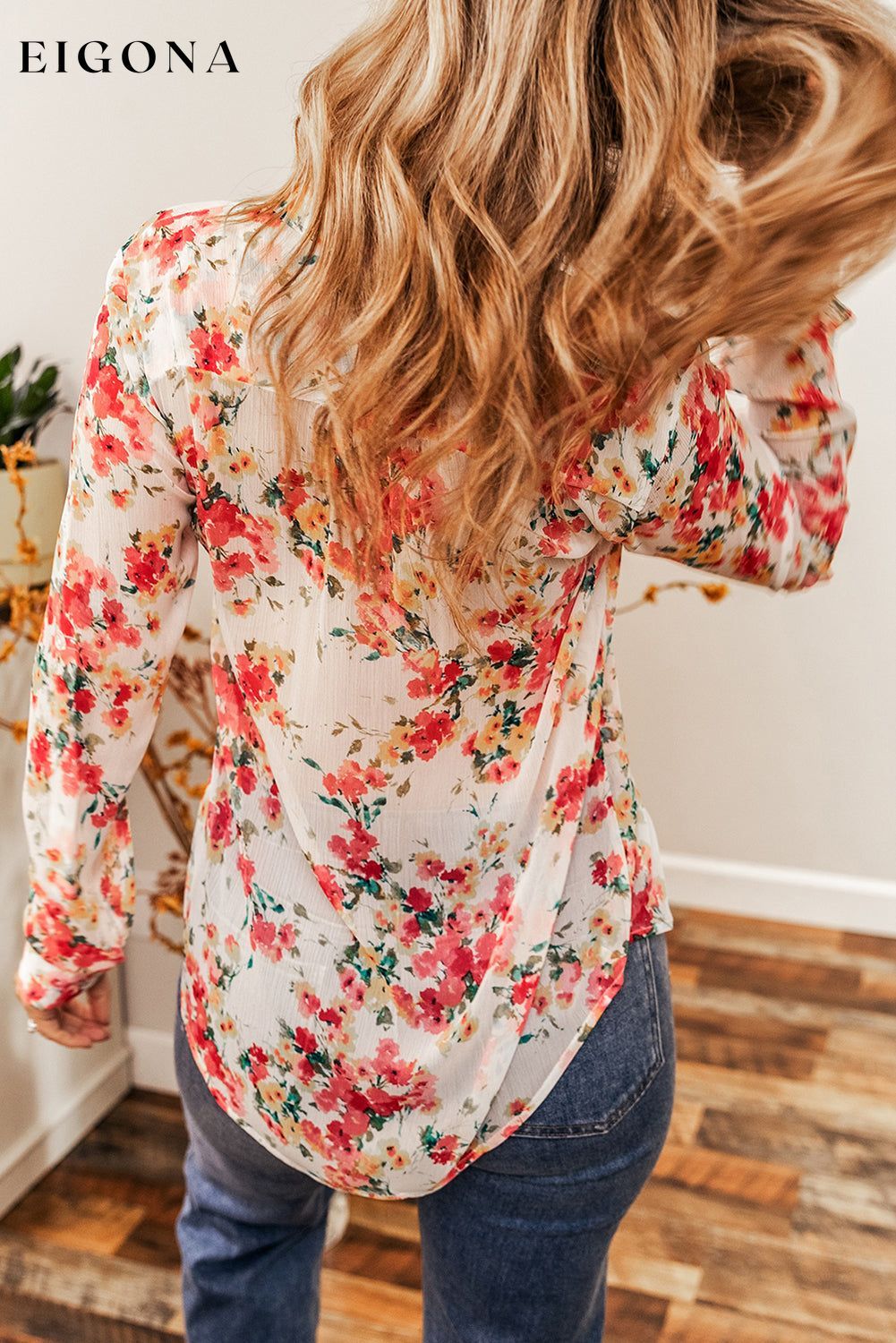 Vibrant Floral Print Chest Pocket Shirt All In Stock clothes Color Red DL Chic DL Exclusive long sleeve shirts long sleeve top long sleeve tops Occasion Daily Print Floral Season Winter shirt shirts Style Southern Belle top tops