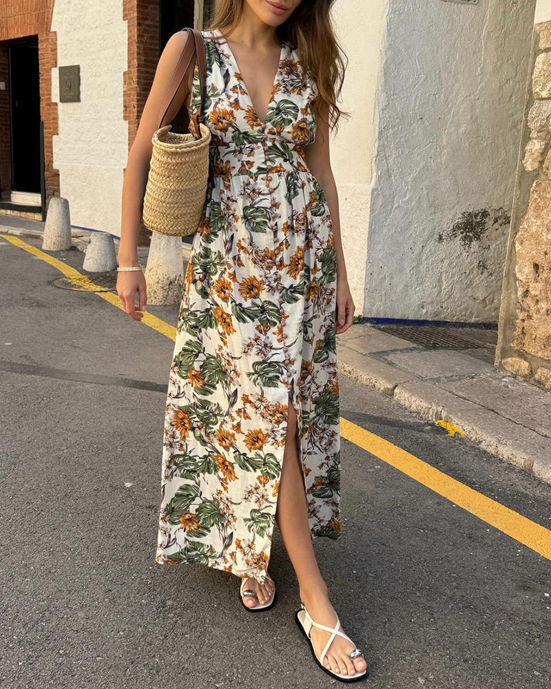 Sleeveless deep v waist floral dress summer vacation dresses