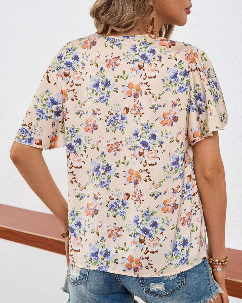 Floral Print Short-Sleeved V-Neck T-Shirt