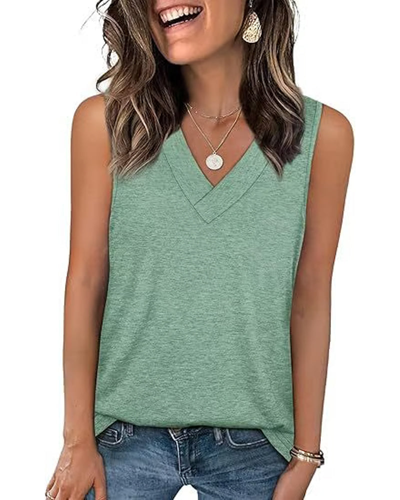Women's Sleeveless V-Neck Slimming Loose Fit Casual Tank Top T-Shirt