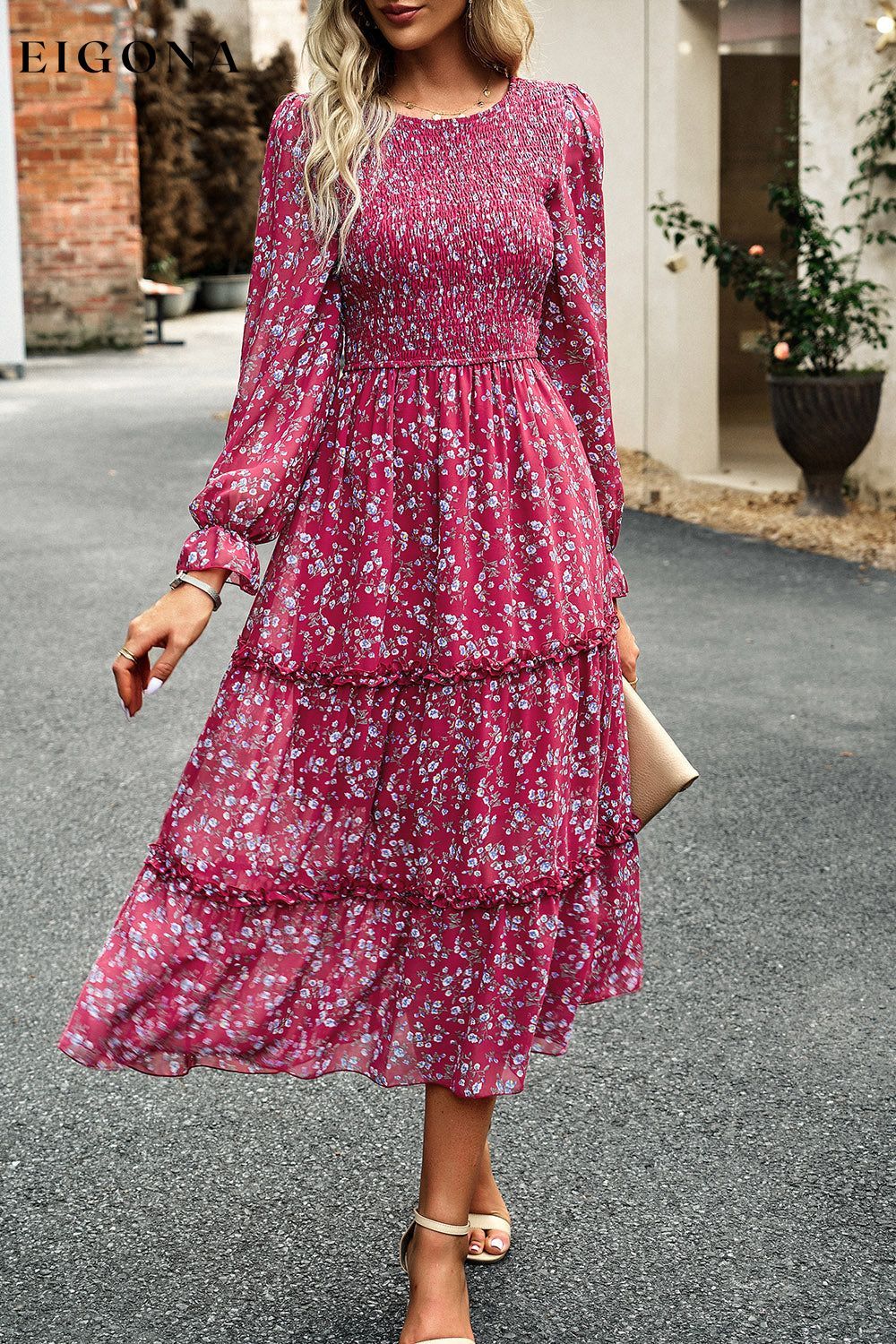 Smocked Flounce Sleeve Midi Dress Deep Rose clothes DY Ship From Overseas trendsi