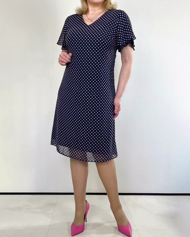 V-Neck Polka Dot Chiffon Dress