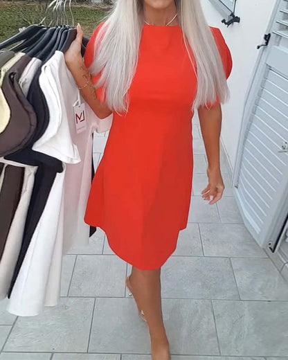 Solid-Color Puff-Sleeve A-Line Dress