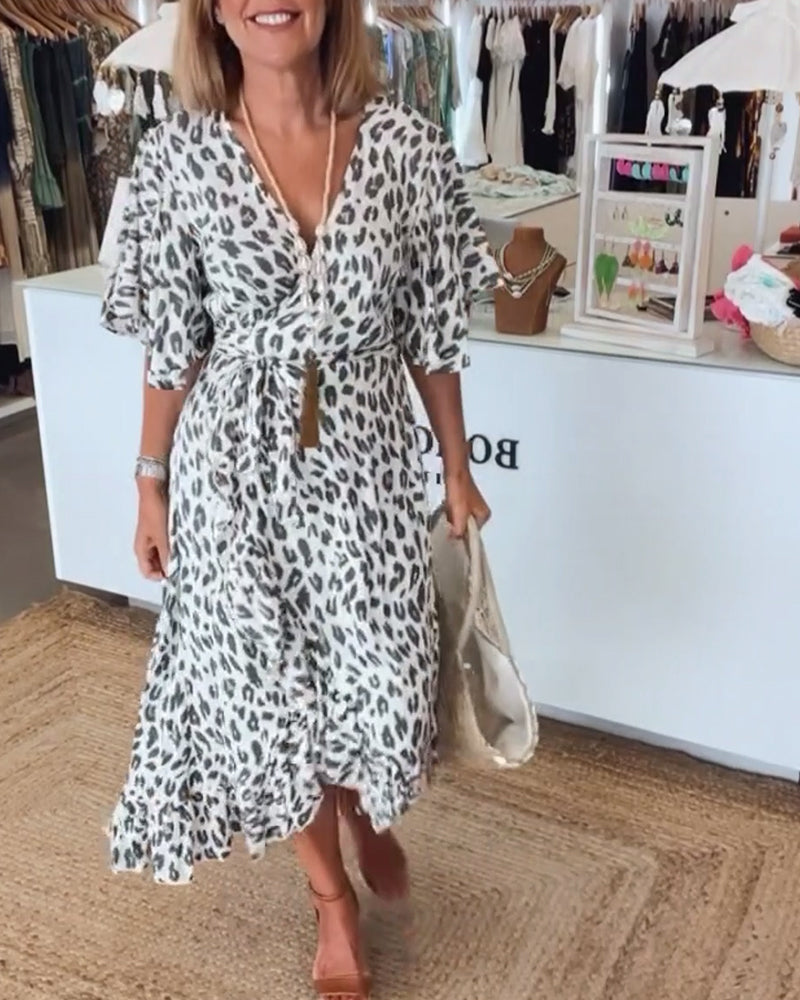 V-neck leopard print elegant dress 2023 f/w 202466 casual dresses spring