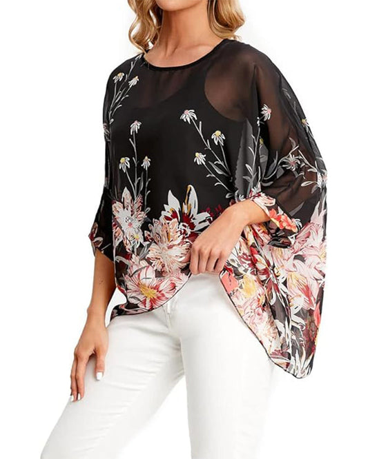 Three-Quarter Sleeve Loose Printed Irregular Blouse
