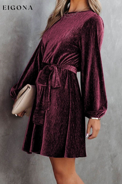 Fiery Red Tie Waist Crinkle Velvet Dress casual dress casual dresses clothes Color Purple dress dresses Fabric Velvet long sleeve dresses Occasion Daily Print Solid Color Season Winter short dresses Silhouette A-Line Style Elegant