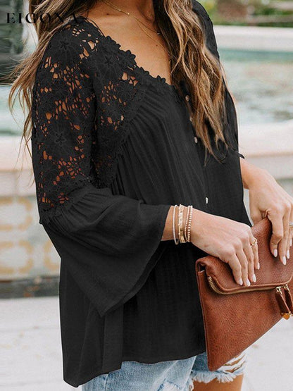 Lace Shirt Long Sleeve Solid Deep V Pullover Chiffon Shirt cotton linens