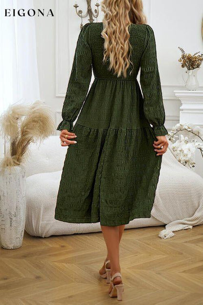 Round Neck Velvet Smocked Flounce Sleeve Dress casual dress casual dresses clothes dress dresses DY long sleeve dress long sleeve dresses midi dress midi dresses Ship From Overseas short dresses