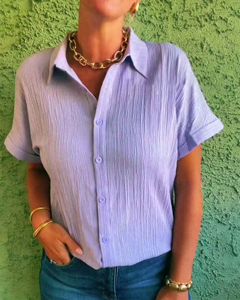 Lapel Pleated Solid Color Short Sleeve Shirt