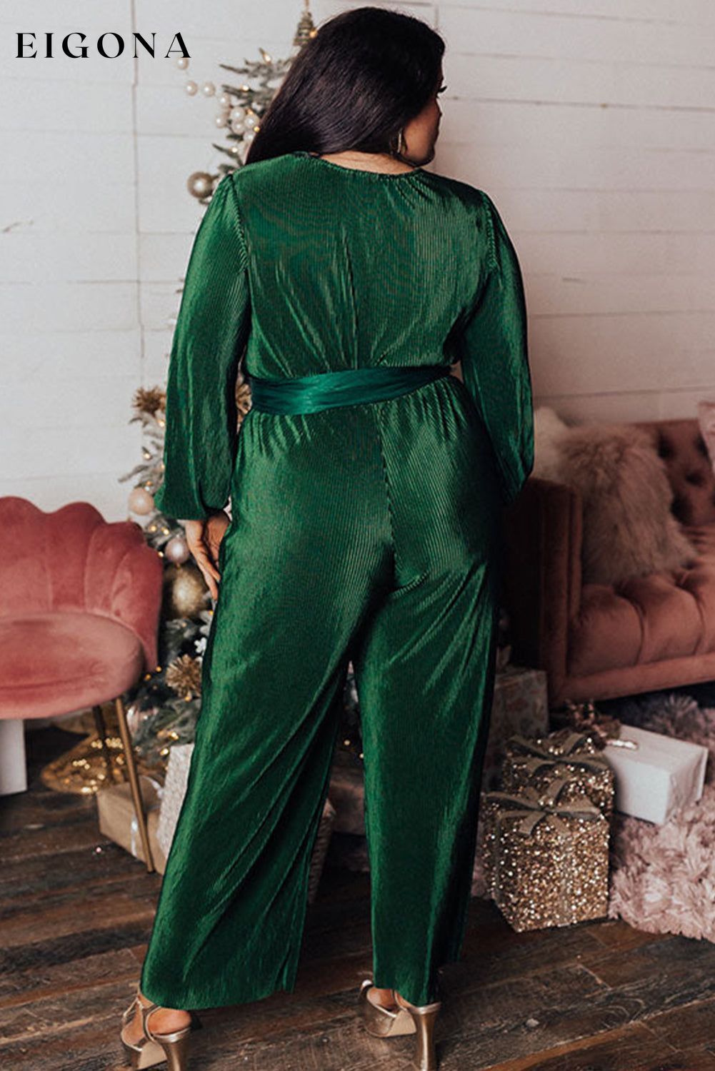 Dark Green Plus Size Pleated Satin Belted V Neck Jumpsuit All In Stock clothes Color Green Day Christmas Jumper Jumpsuit Occasion Night Out Print Solid Color Rompers Season Fall & Autumn Silhouette Wide Leg Style Southern Belle