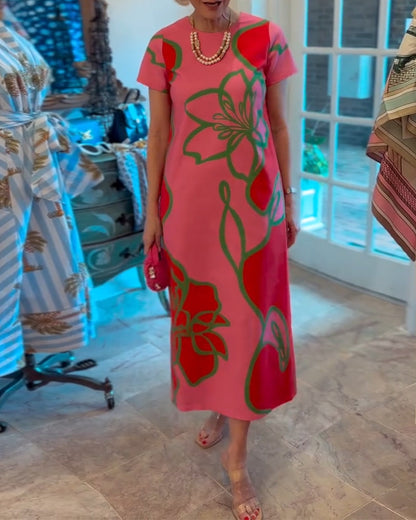 Color-Blocked Floral Print Straight Dress