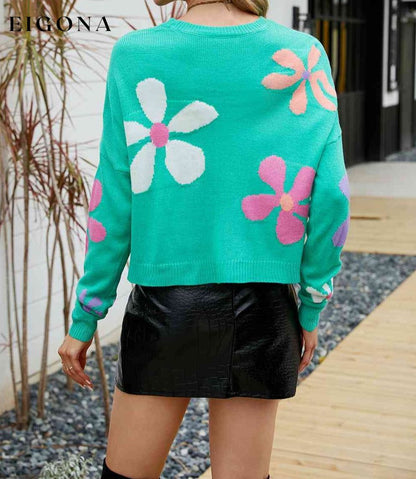 Flower Round Neck Drop Shoulder Sweater clothes Ship From Overseas X.X.W