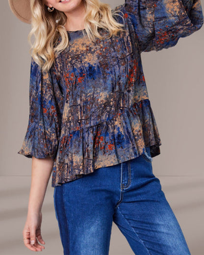 Bluse mit Laternenärmeln und Landschaftsmalerei