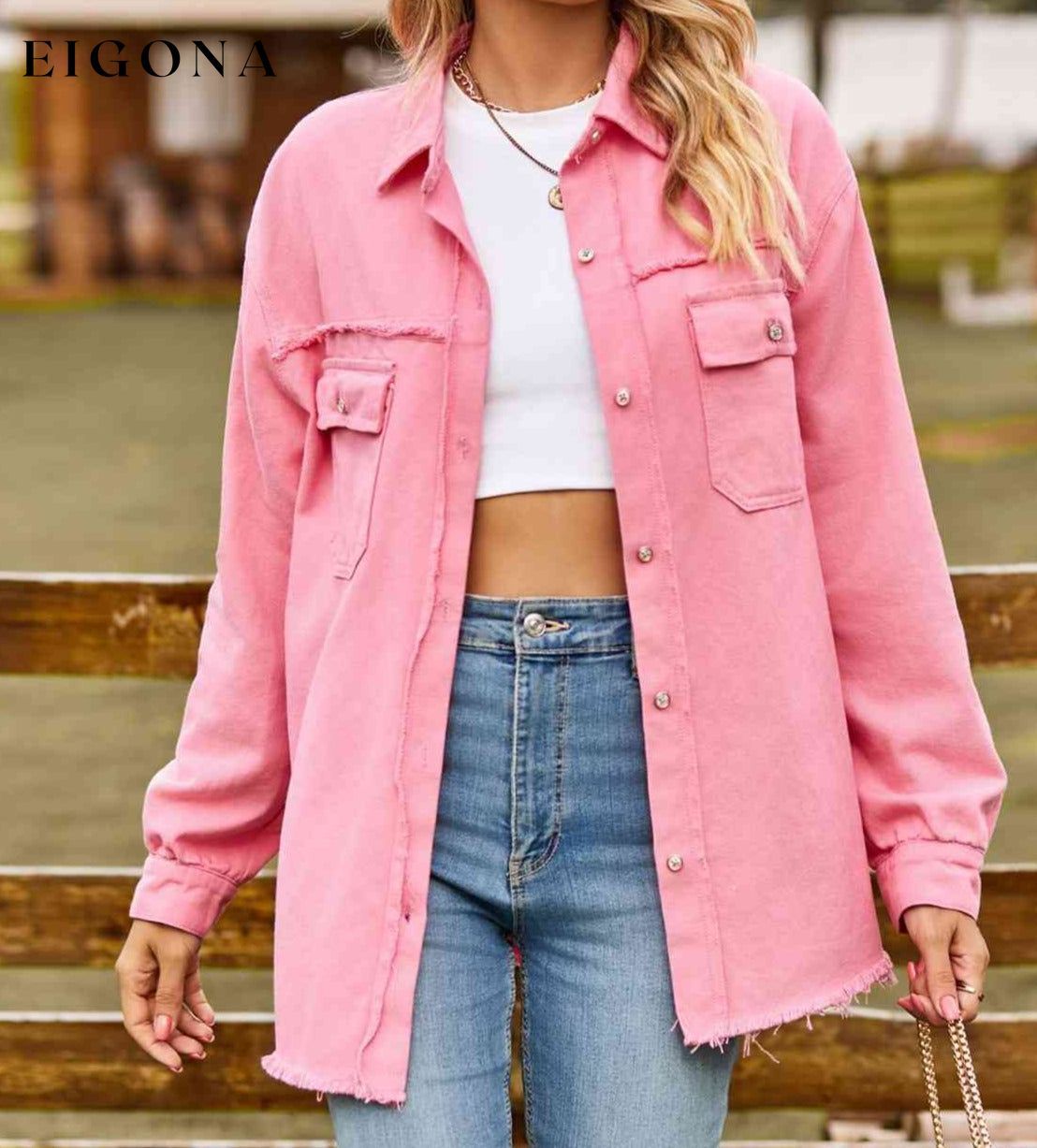 Button Up Collared Neck Raw Hem Denim Top Carnation Pink clothes long sleeve shirts long sleeve top Manny Ship From Overseas shirt shirts top tops