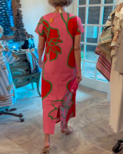 Color-Blocked Floral Print Straight Dress