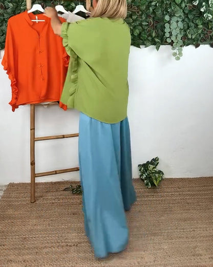 Lapel Button Bat Sleeve Shirt