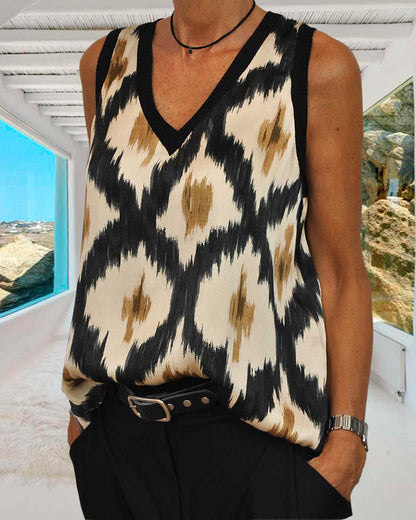 Printed V-neck sleeveless casual top summer tank tops & camis